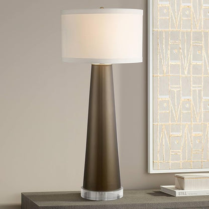 Possini Euro Design Karen Modern Table Lamp 37 1/2" Tall with Clear Round Riser Dark Gold Glass Column Off White Fabric Drum Shade for Bedroom Living Room House Bedside Nightstand Office Entryway