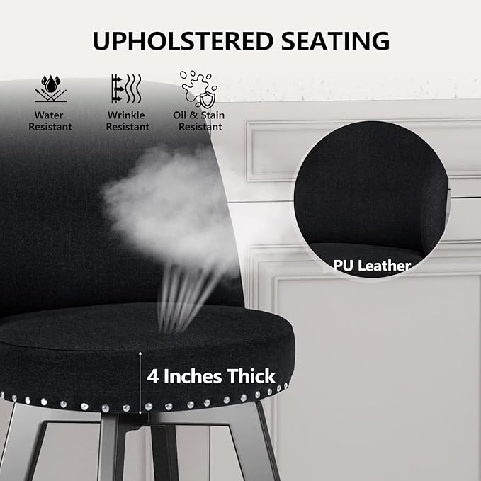 MINCETA Bar Stool, 26 Inch Upholstered Barstool with High Back and Footrest, Swivel Counter Height Barstool for Kitchen Island Home Bar Black