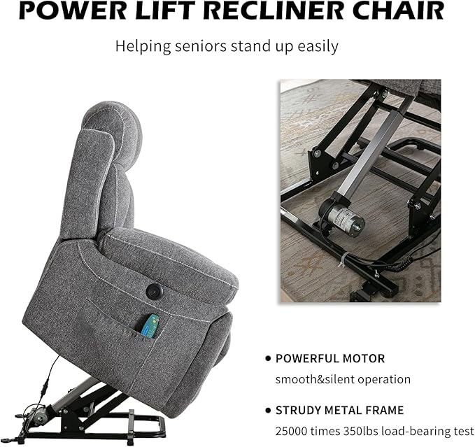 Large Power Lift Recliner Chair with Massage and Heat for Elderly, Wide Padded Recliner with 2 Cup Holders, Side Pocket & USB Charger(1, Dark Gray)