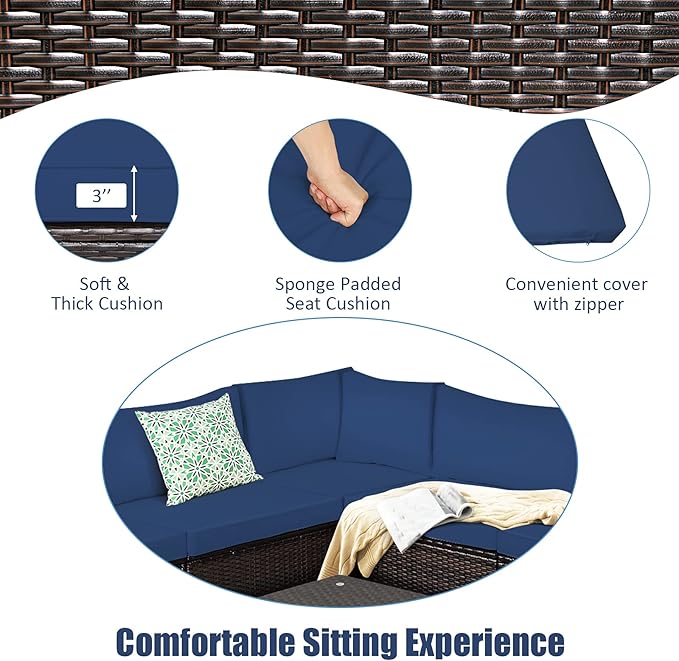 Tangkula 6 Pieces Patio Furniture Set, Outdoor Rattan Sofa Set, Wicker Conversation Set w/Tempered Glass Coffee Table & Cushions, Sectional Sofa Set for Backyard, Garden, Balcony, Poolside