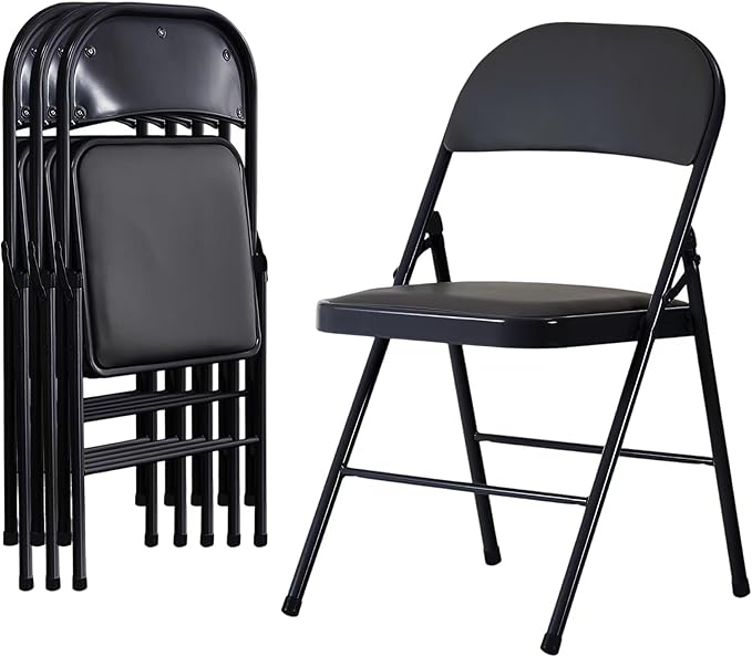 4 Pack Black Folding Chairs with Padded Cushion and Back, Portable Heavy Duty Metal Frame Commercial Seat with 330-LBS Capacity, Foldable Indoor Outdoor Chairs for Office Party Events Kitchen Dinning