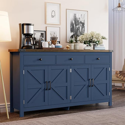 63" Sideboard Buffet Cabinet with Storage, Coffee Bar with 3 Drawers and 4 Barn Doors, Long Wider Storage Cabinet Modern Farmhouse, Blue Wood, for Kitchen, Dining Room, Living Room