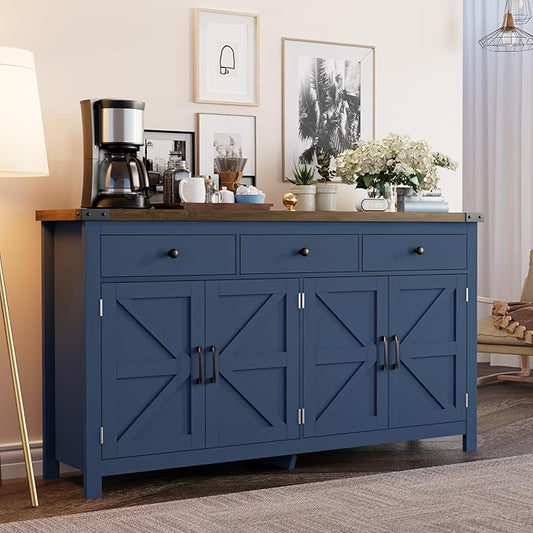 63" Sideboard Buffet Cabinet with Storage, Coffee Bar with 3 Drawers and 4 Barn Doors, Long Wider Storage Cabinet Modern Farmhouse, Blue Wood, for Kitchen, Dining Room, Living Room