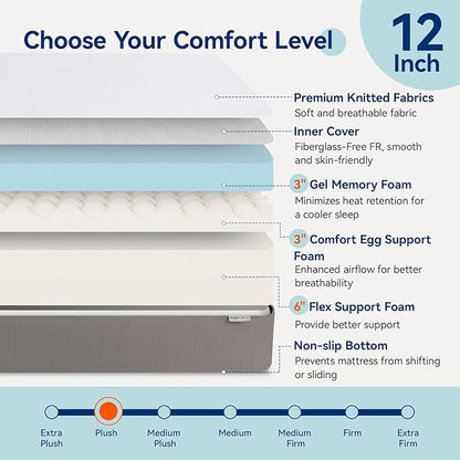 Amazon Basics Memory Foam Mattress, Soft Plush Feel, California King, White/Grey, 84 x 72 x 12 inches (LxWxH)