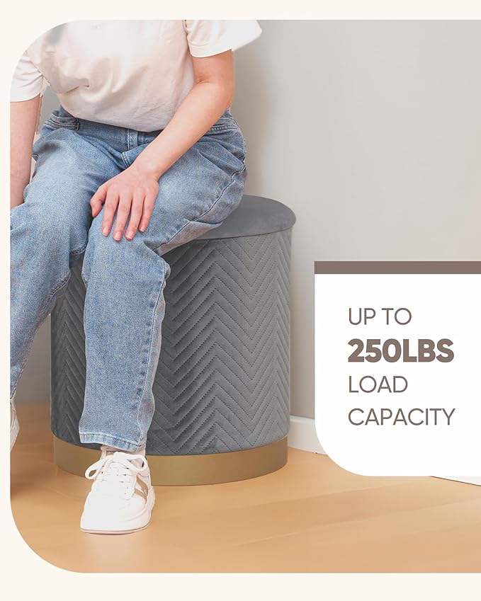B FSOBEIIALEO Ottoman with Stroage, Round Velvet Storage Ottoman with Gold Plating Base,Foot Rest Stool for Dorm Room, Living Room Grey, 16.73"x16.73"x17.72"