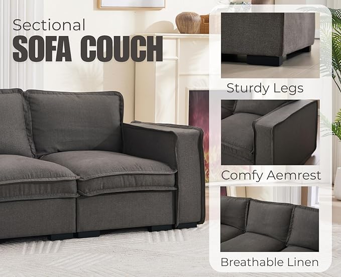EALSON 67" Sectional Couch Modern Love Seat with Ottoman Modular Cloud Sofa with Deep Seat Comfy Linen Loveseat Sofa Convertible L Shaped Couches 2 Seater Couch for Living Room/Bedroom, Grey