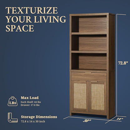 Hampstead Bookcase, Rattan Bookcase with Doors Cabinet and Drawer, 5-Tier Bookshelf, Large Wooden Book Case, Tall Bookshelves for Library Living Room (Special Walnut, 3 Pieces)