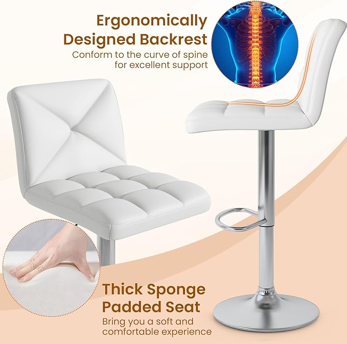 COSTWAY Bar Stools Set of 4, Modern PU Leather Swivel Bar Chairs, Height Adjustable Upholstered Barstools with Premium Gas Rod, Sturdy Footrest, Round Base, for Kitchen, Dining Room, Office, White