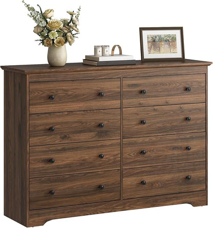 LYNSOM Modern 8 Drawer Dresser, 55.1" Wide Dressers & Chests of Drawers with Large Capacity Storage, Wood Mid Century Storage Dressers Organizer for Bedroom, Brown