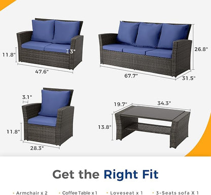 Wisteria Lane 5 Piece Patio Furniture Set, Wicker Outdoor Patio Conversation Furniture Set, All Weather Outdoor Patio Sofa with Cushion and Glass Table, Blue