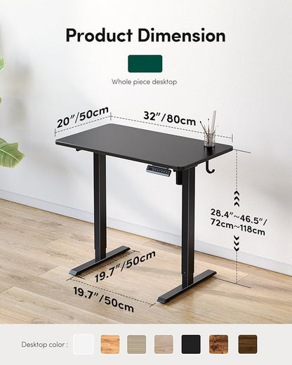 FEZIBO One-Piece Standing Desk Adjustable Height Stand up Home Office Desk, 32x20 Inch Electric Standing Computer Desk, with 4 Memory Presets, Headphone Hook, Black