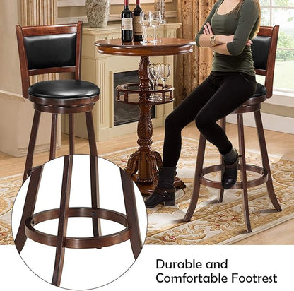 COSTWAY Bar Stools Set of 2, 360 Degree Swivel, Accent Wooden Swivel Seat Bar Height Stool, Leather Upholstered Design, PVC Cushioned Seat, Perfect for Dining and Living Room (Height 29")