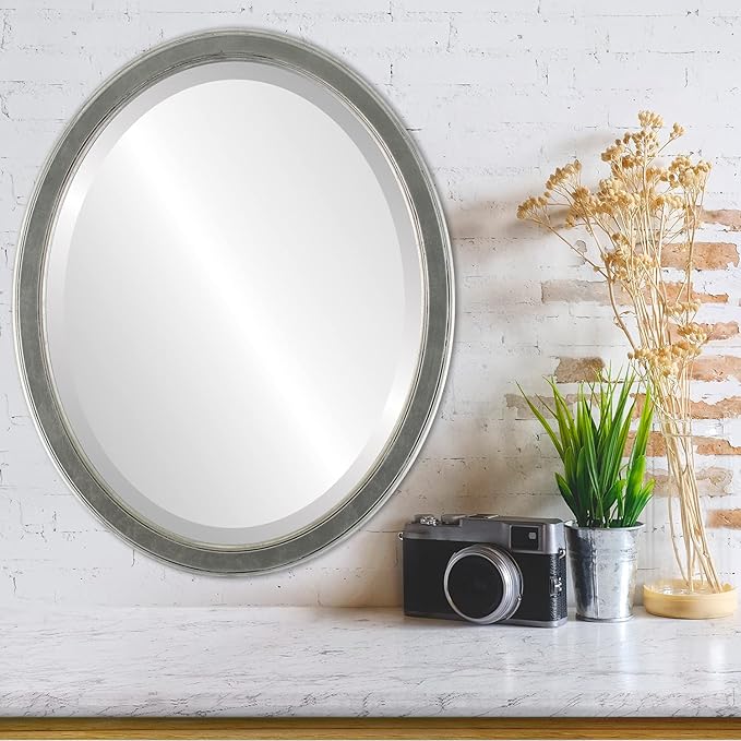 OVALCREST Oval Beveled Wall Mirror for Home Decor - Toronto Style - Silver Leaf with Black Antique - 26" x 22"