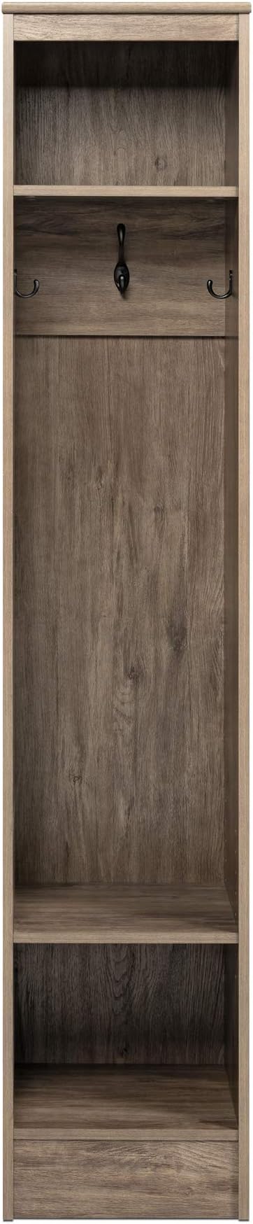 Prepac Narrow Coat Rack Freestanding Hall Tree with 3 Hooks, Entryway Furniture for Coat and Shoe Storage, Entryway Organization with an Adjustable Shelf, 14.75"W x 72.5"H x 15.5"D, Drifted Gray