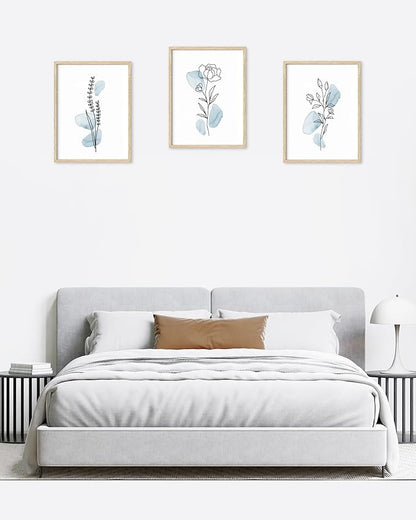 HesenDot Boho Art wall Décor,Botanical Print Set of 3, Blue Gallery Wall art,Abstract Line Watercolor Floral Home Decor,living room,bedroom
