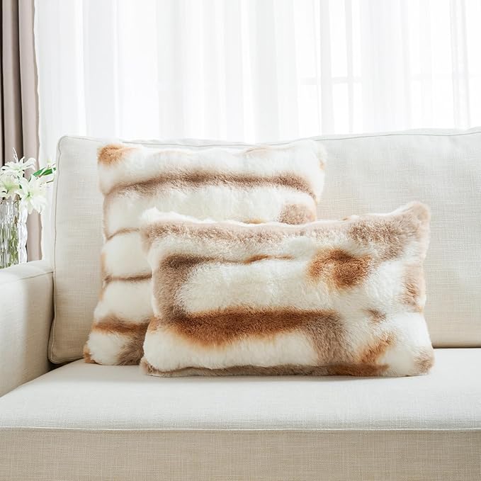 FUTEI Brown White Decorative Throw Pillow Covers 20x20 Inch Set of 2,Soft Fuzzy Faux Rabbit Fur Cushion Covers with Raised Texture,Neutral Boho Home Decor for Couch Bed Living Room