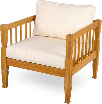 Scott Living Darla 4 Seater Conversation Set, Acacia Wood Loveseat and Club Chairs, Sofa Set with Cushion, Retangular Slats Coffee Table, 4 Piece Outdoor Rustic Acacia Wood Seating Set, Teak+Beige