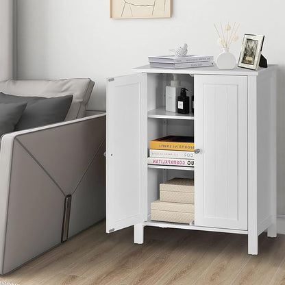 COSTWAY Bathroom Floor Cabinet - Freestanding Side Storage Organizer with Double Doors & Adjustable Shelf, Wooden Storage Cabinet for Living Room, Bedroom, Kitchen, Entryway (White)
