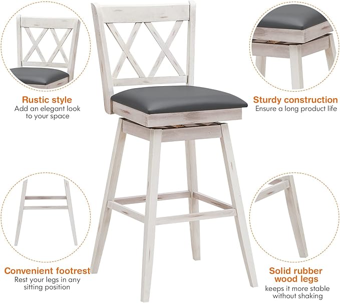 COSTWAY Bar Stool Set of 2, 360° Swivel Bar Height 29.5 inch Bar Stool with Foot Rest Upholstered Cushion & Ergonomic Backrest, Sturdy Frame, for Pub, Restaurant, Home (2, Antique White+ Grey)