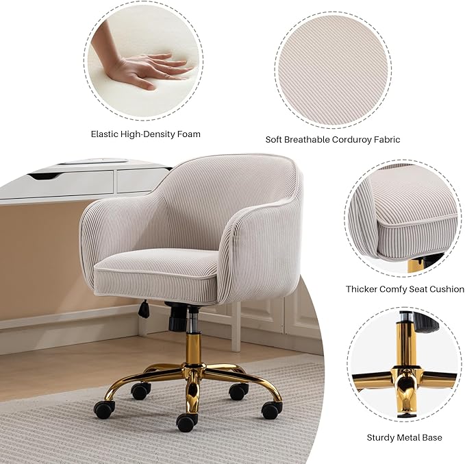 Home Office Desk Chair with Arms Gold Wheels Modern Velvet Upholstered Rolling Computer Chair Mid-Back Ergonomic Adjustable Swivel Vanity Chair for Bedroom Study Office, Beige,Corduroy