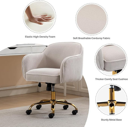 Home Office Desk Chair with Arms Gold Wheels Modern Velvet Upholstered Rolling Computer Chair Mid-Back Ergonomic Adjustable Swivel Vanity Chair for Bedroom Study Office, Beige,Corduroy