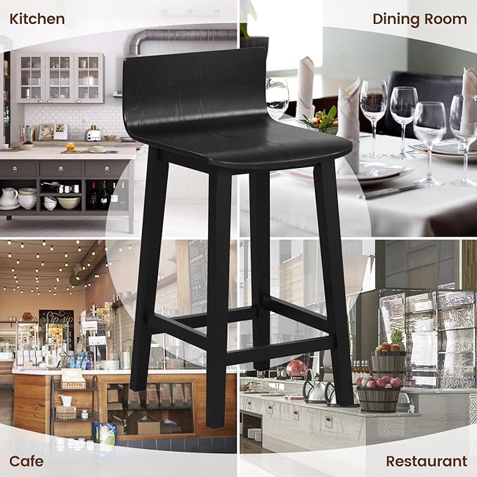 COSTWAY Solid Wood Bar Stools Set of 2, 24.5-inch Counter Height Chairs with Low Back and Footrest, Farmhouse Wooden Armless barstools for Kitchen Island, Dining Room, Cafe, Breakfast, Black