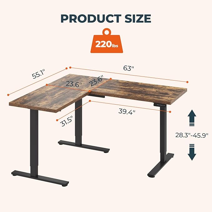L-Shaped Standing Desk, 63 x 55 Inches Height Adjustable Desk, Sit and Stand up for Work Office Home, Ergonomic Rising Computer Table for Home Office with Splice Board, Rustic Brown