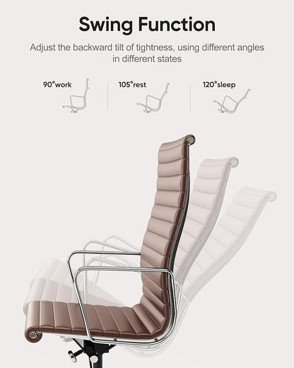 Ribbed Office Chair Top Grain Leather Desk Chair High Back Genuine Leather Swivel Chairs with Aluminum Alloy Arms & Base, with Silent Nylon Wheels, High Adjustable and Tilting Function, Brown