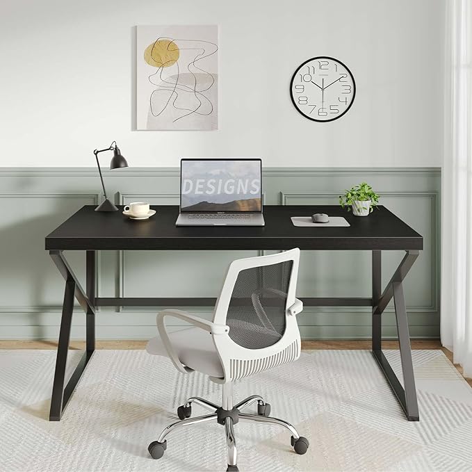 HSH Black Desk, Modern Industrial Home Office Computer Desk, Laptop PC Desk for Student Work Writing Study Gaming, Simple Metal and Wooden Computer Table in Bedroom Living Room Workstation, 55 Inch