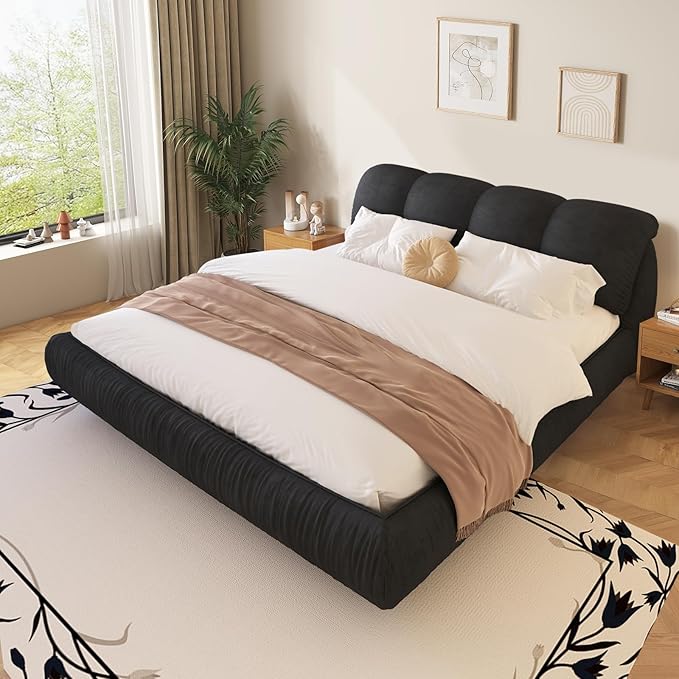 Queen Size Upholstered Platform Bed with Oversized Padded Backrest and Solid Wood Frame for Bedroom, Apartment Room, Black
