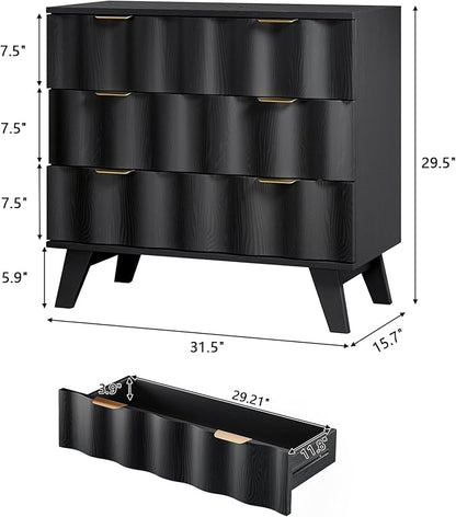 3 Drawer Dresser, Fluted Chest of Drawers with Handles for Closet, Large Nightstand with 3 Drawers Accent Cabinet for Bedroom, Living Room, Hallway (Black)