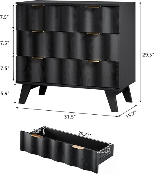 3 Drawer Dresser, Fluted Chest of Drawers with Handles for Closet, Large Nightstand with 3 Drawers Accent Cabinet for Bedroom, Living Room, Hallway (Black)