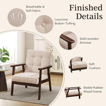 Bonzy Home Fabric Mid-Century Modern Accent Chair Set of 2, Upholstered Armchair with Solid Wood Frame, Reading Chair for Living Room, Bedroom