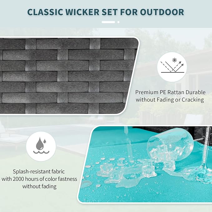 NICESOUL 8 People Outdoor Seating Furniture, 29.3'' High Back Comfortable Wicker Patio Sectional Sofas with Ottoman, Deep Seats Oversized Conversations for Exteriors, 2 Color Cushion Turquoise & Gray