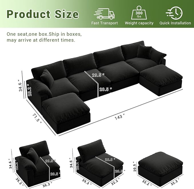 Modular Sectional Sofa,Extra Comfty Deep-Seat-Filled Couch,Black 6 Seat U Shape Sofas with Movable Ottoman,Modern Couches for Living Room, Apartment, Office,Small Space
