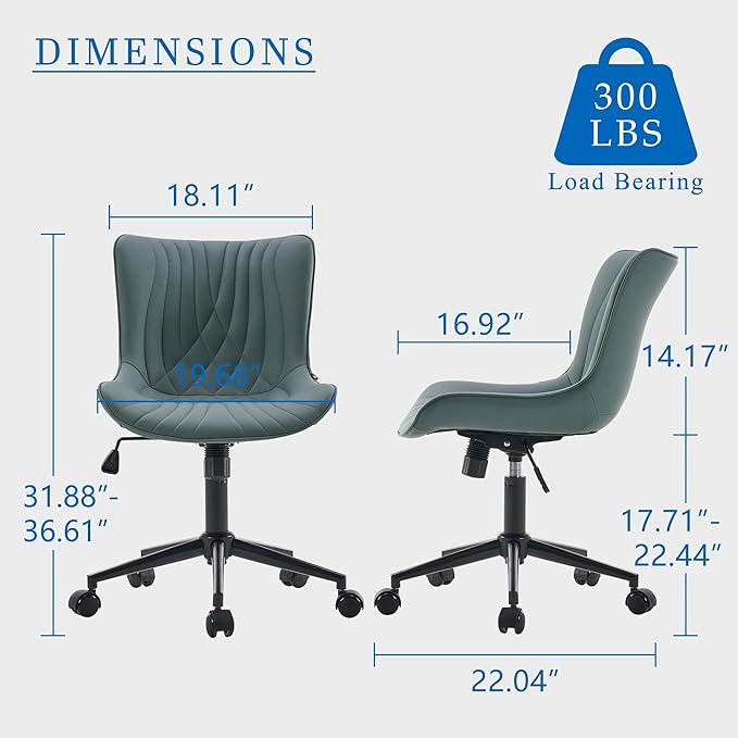 YOUNIKE Office Chair Armless Desk Chair with Wheels, Home Office Computer Task Chair, Modern Faux Leather Upholstered Vanity Chair, Adjustable Swivel Rolling Office Chairs, Greyishgreen
