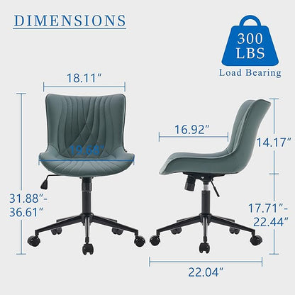 YOUNIKE Office Chair Armless Desk Chair with Wheels, Home Office Computer Task Chair, Modern Faux Leather Upholstered Vanity Chair, Adjustable Swivel Rolling Office Chairs, Greyishgreen