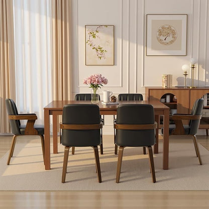 Kitchen Dining Chairs Set of 4, Faux Leather Upholstered Dining Room Chairs with Wood Arms and Legs, Mid Century Modern Kitchen Side Chair for Living, Bedroom, Restaurant, Walnut/Black