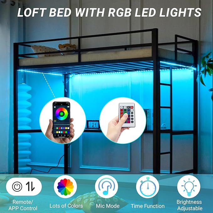 Karl home Twin Metal Loft Bed with Desk, with Power Outlet and LED Lighted, Safety Guardrail & Ladder, Space Saving, No Noise, No Box Spring Needed, Black