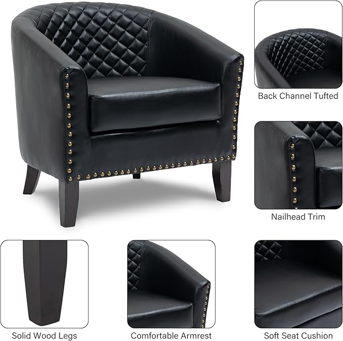 Pia Ricco Faux Leather Barrel Accent Chair, Modern Club Arm Chair Comfy Upholstered Single Sofa Chair with Solid Wood Legs and Nailhead Trim for Living Room/Reading Room, Black