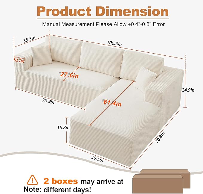 106" Cloud Modular Sectional Sofa Couch with L-Shape Chaise,Modern Boneless Sectional Couch with Deep Seat,Upholstered Couches for Living Room Bedroom,No Assembly Required,Beige