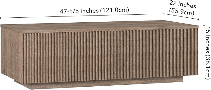 Henn&Hart 48" Fluted Rectangular Low-Profile Coffee Table for Living Room, Family Room, or Office, Antiqued Gray Oak