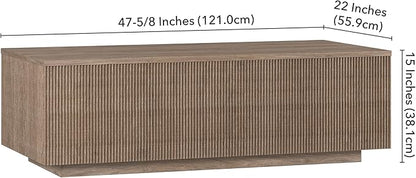 Henn&Hart 48" Fluted Rectangular Low-Profile Coffee Table for Living Room, Family Room, or Office, Antiqued Gray Oak