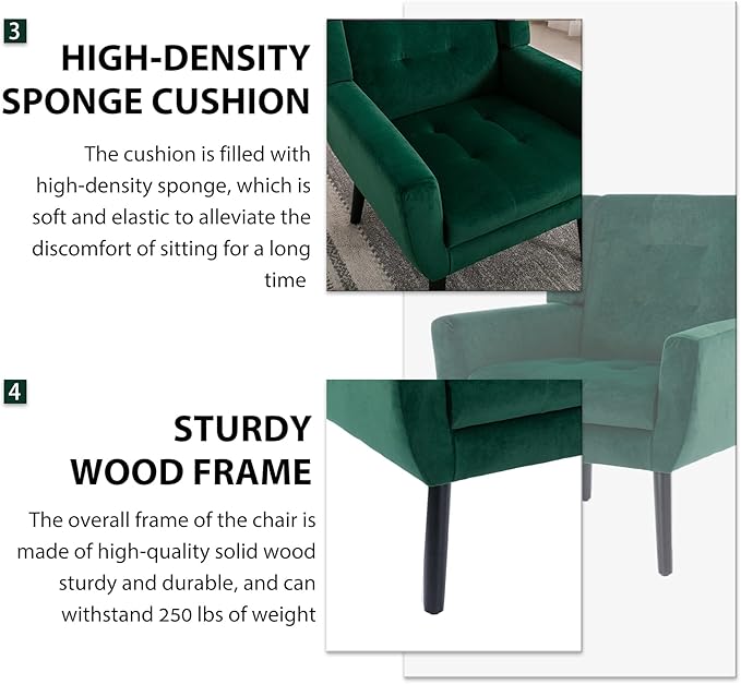 Dolonm Midcentury Modern Velvet Accent Chair with Arms, Upholstered Reading Side Chair Tufted Back Decorative Wingback Chair for Living Room Bedroom (Retro Green)