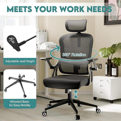Office Chair Ergonomic Desk Chair with Lumbar Support&Headrest&Flip-up Arms Height Adjustable Rocking Swivel High Back Computer Chair Warm Taupe Mesh Study Chair (05Black)