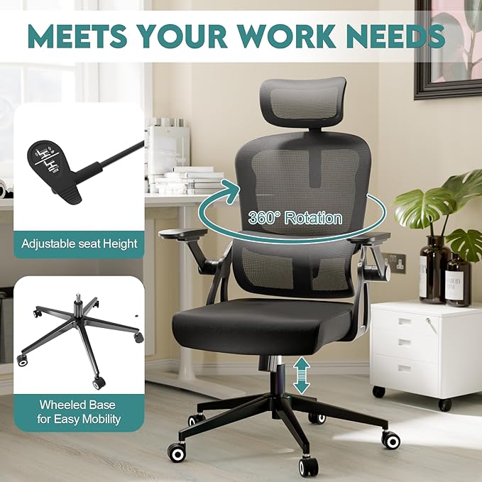 Ergonomic Office Chair - 400LB Comfy Desk Chairs with Adjustable Headrest and Lumbar Back Support, Mesh Computer Chairs with Wheels and Arms for Home Office, Study, Bedroom and Dorm (05black)