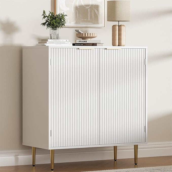 Buffet Sideboard Cabinet with 2 Doors, Modern Kitchen Cabinet with Golden Handles & Legs, Adjustable Shelf, Accent Coffee Bar Storage Sideboard for Kitchen, Living Room, White