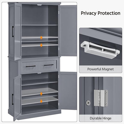 Yaheetech Kitchen Pantry Storage Cabinet with Drawer, 72.5" H Cupboard Pantry Cabinets with Adjustable Shelves and Barn Doors for Dining Room/Living Room, Dark Gray