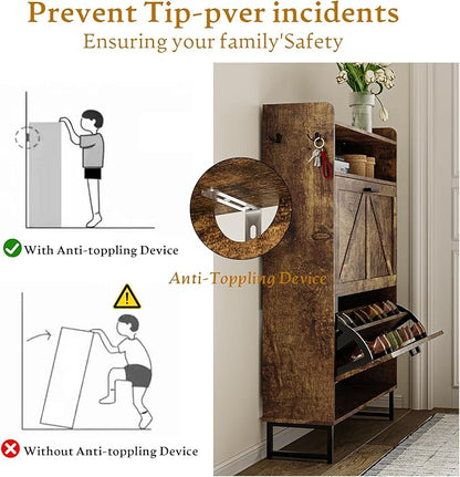 Shoe Storage Cabinet with 2 Flip Drawers, Narrow Wood Shoe Cabinet Storage for Entryway with Metal Legs & Hooks, Adjustable Shelves, Freestanding Shoe Rack Organizer for Foyer, Hallway, Brown