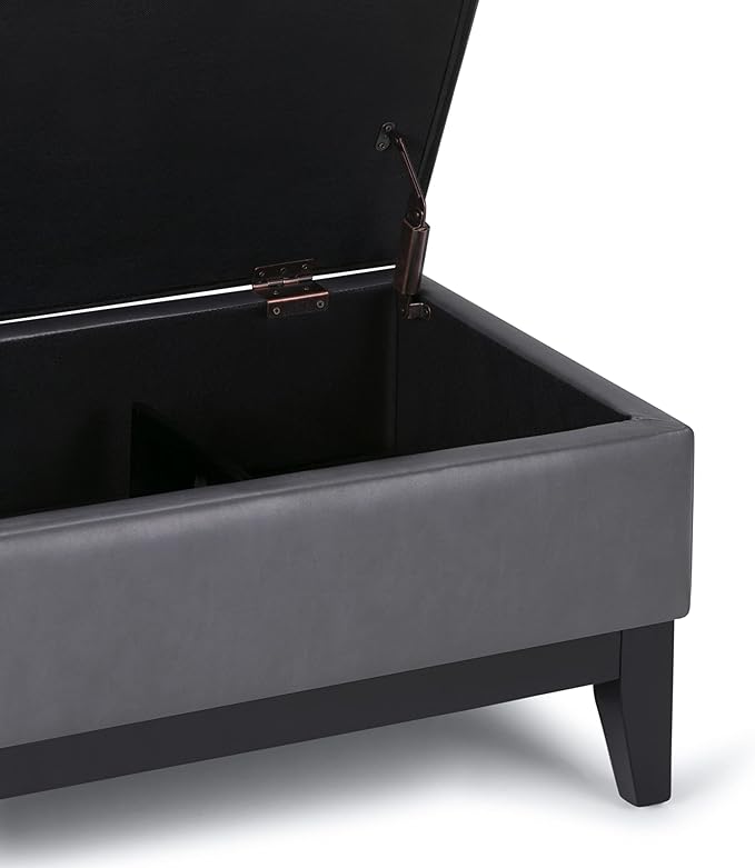 SIMPLIHOME Oregon 42 inch Wide Contemporary Rectangle Storage Ottoman Bench with Tray in Stone Grey Vegan Faux Leather, Assembled, For the Living Room, Entryway and Family Room